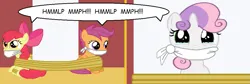 Size: 1083x363 | Tagged: safe, artist:captainponyboy1999, derpibooru import, apple bloom, scootaloo, sweetie belle, g4, bondage, bound and gagged, cloth gag, crying, cutie mark crusaders, gag, help us, image, muffled words, png, pole tied, scared