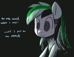 Size: 2616x2004 | Tagged: safe, artist:t72b, derpibooru import, oc, oc:mask mare, pegasus, pony, baneposting, blank face, dark, female, image, mare, mask, png, sitting, text