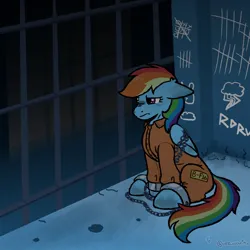 Size: 966x966 | Tagged: safe, artist:luztechnowitch, derpibooru import, rainbow dash, g4, chain, chained, clothes, commissioner:rainbowdash69, image, jail, jail cell, jpeg, jumpsuit, never doubt rainbowdash69's involvement, prison, prison cell, prison outfit, prisoner, prisoner rd, shackles, solo
