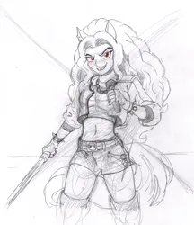 Size: 3048x3530 | Tagged: safe, artist:ciaran, derpibooru import, adagio dazzle, ponified, anthro, pony, equestria girls, g4, bare midriff, boots, bracelet, clothes, crossover, derpibooru exclusive, disguise, disguised, disguised siren, ear piercing, earring, female, fingerless gloves, gem, gloves, grin, image, indoors, jacket, jewelry, k-pop demon hunters, leather, leather jacket, lightsaber, looking at you, microphone, my little pony equestria girls: rainbow rocks, necklace, pencil drawing, piercing, png, pony ears, ponytail, red eyes, shoes, shorts, simple background, singing, siren gem, smiling, solo, spiked wristband, star wars, sweater, sword, teeth, traditional art, turtleneck, weapon, white background, wristband