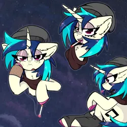 Size: 2000x2000 | Tagged: safe, artist:jubyskylines, derpibooru import, vinyl scratch, pony, unicorn, g4, bandana, beanie, cigarette, clothes, colored hooves, eyeshadow, female, hat, hooves, horn, image, leg warmers, legwear, looking at you, makeup, mare, png, smoking, solo