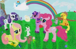 Size: 946x616 | Tagged: safe, artist:778cc, derpibooru import, applejack, cheerilee, derpy hooves, fluttershy, pinkie pie, rainbow dash, rarity, spike, steven magnet, twilight sparkle, beaver, bird, dragon, earth pony, hydra, pegasus, pony, rabbit, sea serpent, unicorn, g4, animal, bubblegum, cloud, colored hooves, feather, female, food, gum, hooves, horn, image, lying down, mane seven, mane six, mare, multiple heads, on a cloud, outdoors, png, prone, rainbow, scroll, sitting, smiling, unicorn twilight