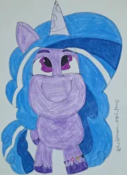 Size: 1472x2036 | Tagged: safe, artist:hoffmann10102010, derpibooru import, izzy moonbow, unicorn, g5, bracelet, friendship bracelet, horn, image, jewelry, jpeg, looking at you, smiling, smiling at you, traditional art