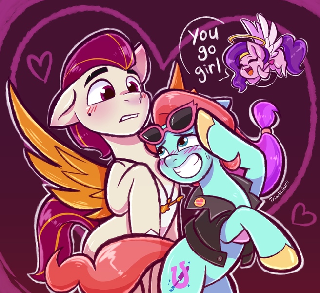 Size: 2075x1898 | Tagged: safe, artist:triadichues, derpibooru import, jazz hooves, pipp petals, rocky riff, earth pony, pegasus, pony, g5, my little pony: tell your tale, atg 2026, bipedal, blushing, chibi, clothes, cupid, female, flying, grin, image, jacket, jazz hearts rocky, jewelry, jpeg, looking at each other, looking at someone, male, mare, necklace, newbie artist training grounds, open mouth, raised hoof, ship:rockjazz, shipping, smiling, spread wings, stallion, straight, sunglasses, trio, wings