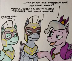 Size: 2048x1733 | Tagged: safe, artist:hoofclid, derpibooru import, queen haven, pegasus, pony, g5, dialogue, domino mask, eyebrows, eyes closed, female, furrowed brow, image, implied hitch trailblazer, jpeg, male, mare, marker drawing, mask, open mouth, open smile, pegasus royal guard, raised eyebrow, royal guard, smiling, stallion, thunder flap, traditional art, trio, zoom zephyrwing
