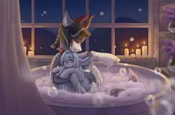 Size: 3389x2219 | Tagged: safe, artist:ijustmari, derpibooru import, oc, unofficial characters only, dracony, dragon, hybrid, pegasus, pony, bath, bathing, bathroom, bathtub, blushing, braid, bubble, candle, choker, duo, fangs, female, horns, image, male, mare, night, png, smiling, spiked choker, stallion, straight, unshorn fetlocks, wing ears, wings