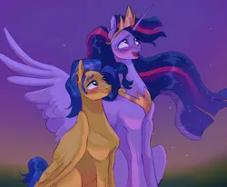 Size: 1700x1400 | Tagged: safe, artist:abbytabbys, derpibooru import, flash sentry, princess twilight 2.0, twilight sparkle, twilight sparkle (alicorn), alicorn, pegasus, pony, g4, the last problem, blushing, ear piercing, earring, eyebrow piercing, facial hair, female, flashlight, goatee, hover hand, image, jewelry, looking at someone, looking away, looking up, male, older, older twilight, older twilight sparkle (alicorn), one wing out, open mouth, open smile, outdoors, peytral, piercing, png, regalia, shipping, smiling, smiling at someone, stallion, stars, straight, wings