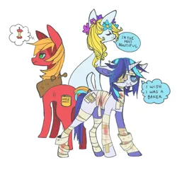 Size: 850x850 | Tagged: safe, artist:cutesykill, derpibooru import, big mcintosh, shining armor, earth pony, pony, unicorn, g4, apple core, bandage, blood, flower, flower in hair, horn, image, male, png, stallion, thought bubble, trio, yoke