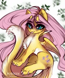 Size: 1707x2048 | Tagged: safe, alternate version, artist:purixen, derpibooru import, fluttershy, g4, abstract background, cat tail, chest fluff, female, horns, image, jpeg, paws, smiling, solo, tail, tongue out, wings