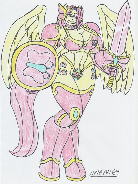 Size: 1699x2266 | Tagged: suggestive, artist:marion64, derpibooru import, fluttershy, anthro, butterfly, insect, pegasus, unguligrade anthro, g4, armor, belly, belly button, big breasts, boots, breasts, busty fluttershy, choker, cleavage, clothes, female, image, jpeg, knight, legwear, muscles, muscleshy, muscular female, panties, shield, shoes, shoulder armor, socks, solo, spread wings, sword, thigh highs, thighs, thong, thunder thighs, traditional art, unconvincing armor, underwear, weapon, wings