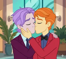 Size: 1089x976 | Tagged: safe, ai generated, generator:gemini, citrus drops, skyline shores, equestria girls, background human, citrus shores, clothes, couple, crack shipping, crystal prep academy students, crystal prep academy uniform, duo, gay, image, kissing, low effort, male, males only, png, school uniform, shipping, shipping domino, suit, touching face, wat