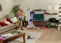 Size: 4000x2815 | Tagged: safe, derpibooru import, sci-twi, sunset shimmer, twilight sparkle, human, equestria girls, g4, absurd resolution, camp everfree outfits, couch, duo, equestria girls in real life, female, image, indoors, irl, jpeg, lamp, living room, mess, photo, pillow, table, television