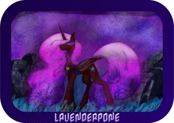 Size: 4000x2829 | Tagged: safe, artist:lavenderpone, derpibooru import, princess amore, alicorn, g4, alternate universe, bat wings, complex background, corrupted, ethereal mane, evil grin, eyeshadow, galaxy mane, grin, heartbreak, horn, image, long horn, makeup, night, night sky, nightmarified, outdoors, passepartout, png, purple mane, red coat, scenery, signature, sky, smiling, smug, solo, sombra eyes, wings