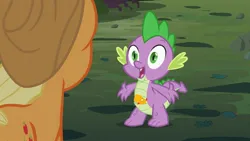 Size: 1280x720 | Tagged: safe, derpibooru import, edit, editor:ebotizer, screencap, applejack, peewee, spike, bird, dragon, earth pony, phoenix, pony, apple family reunion, g4, image, jpeg, my little pony, pet, pouch