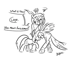 Size: 1200x1000 | Tagged: safe, artist:b11uetwo, derpibooru import, queen chrysalis, twilight sparkle, changeling, pony, g4, grumpy, hug, image, png, simple background, sketch, speech bubble