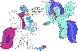 Size: 3063x2018 | Tagged: safe, artist:supahdonarudo, derpibooru import, queen novo, oc, oc:sea lilly, classical hippogriff, hippogriff, g4, my little pony: the movie, atg 2026, camera, dialogue, drink, image, jewelry, necklace, newbie artist training grounds, png, simple background, slushie, speech bubble, spill, spilled drink, straw, talking, text, transparent background, worried
