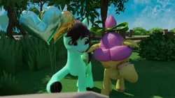 Size: 3840x2160 | Tagged: safe, artist:raindashesp, derpibooru import, posey bloom, oc, oc:rain cloud, earth pony, pegasus, pony, g5, 3d, balloon, duo, duo male and female, female, image, jpeg, male, outdoors, tools