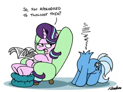 Size: 2118x1580 | Tagged: safe, artist:bobthedalek, derpibooru import, starlight glimmer, trixie, pony, unicorn, g4, chair, decapitated, decapitation, dialogue, duo, duo female, exploding head, female, horn, image, implied twilight sparkle, newbie artist training grounds, newspaper, png, simple background