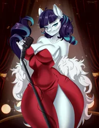 Size: 1691x2179 | Tagged: safe, artist:moonat, derpibooru import, coloratura, anthro, earth pony, g4, big breasts, breasts, cabaret, cleavage, clothes, dress, female, grin, image, jewelry, microphone, necklace, pearl necklace, png, red dress, smiling, solo, stage, strapless, strapless dress, wide hips