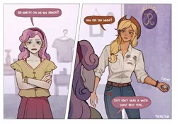 Size: 2480x1748 | Tagged: safe, artist:tcn1205, derpibooru import, applejack, sweetie belle, human, equestria girls, g4, 2 panel comic, applejack's hat, belt, bra, bra strap, bracelet, clothes, comic, cowboy hat, crossed arms, denim, duo, duo female, female, hairband, hat, image, implied lesbian, implied rarijack, implied rarity, implied shipping, jeans, jewelry, makeup, mess, nail polish, open mouth, pants, png, shirt, skirt, stain, sweetie belle is not amused, t-shirt, unamused, underwear, watch, wristwatch
