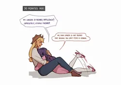 Size: 2480x1748 | Tagged: safe, artist:tcn1205, derpibooru import, applejack, rarity, human, equestria girls, g4, applejack is not amused, applejack's hat, bathrobe, clothes, cowboy hat, crying, denim, female, hat, hug, image, jeans, lesbian, marshmelodrama, pants, png, rarijack, rarity being rarity, robe, shipping, shirt, simple background, slippers, socks, unamused, white background