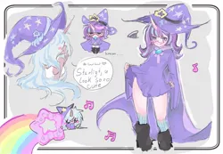 Size: 1199x830 | Tagged: safe, artist:moronalice, derpibooru import, starlight glimmer, trixie, human, g4, blue hair, chibi, clothes swap, dark skin, duo, duo female, female, gray background, horn, human coloration, humanized, image, jpeg, n, purple hair, simple background, speech bubble, unicorn horn