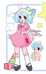 Size: 1086x1728 | Tagged: safe, artist:moronalice, derpibooru import, cozy glow, human, g4, alphabet blocks, bandaid, blue hair, crown, curly hair, female, humanized, image, jewelry, jpeg, pink skin, reference, regalia, solo, solo female, winged humanization, wings