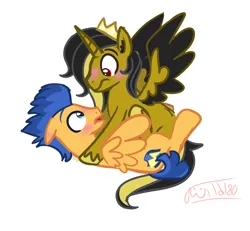 Size: 2000x1844 | Tagged: safe, artist:wild180, derpibooru import, flash sentry, white lightning, oc, oc:morningstar, alicorn, pegasus, pony, g4, alicorn oc, black mane, black wings, blue eyes, blue mane, blushing, canon x oc, colored wings, commission, crown, cutie mark, ear fluff, floppy ears, gay, gray mane, horn, image, jewelry, male, mustard yellow coat, my little pony, orange coat, png, prince, red eyes, regalia, royal guard, shield, shipping, shocked, signature, spread wings, stallion, two toned mane, two toned wings, unshorn fetlocks, wide eyes, wings, yellow coat, yellow mane