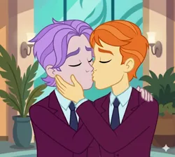 Size: 1090x976 | Tagged: safe, ai generated, generator:gemini, citrus drops, skyline shores, equestria girls, background human, citrus shores, clothes, couple, crack shipping, crystal prep academy students, crystal prep academy uniform, duo, gay, image, kissing, low effort, male, males only, png, school uniform, shipping, shipping domino, suit, touching face, wat