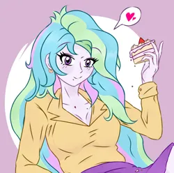 Size: 1530x1520 | Tagged: safe, artist:waffenbeschutzher, derpibooru import, princess celestia, human, equestria girls, g4, blush lines, blushing, breasts, cake, cakelestia, cleavage, clothes, female, food, heart, image, looking at you, png, principal celestia, sitting, solo, speech bubble