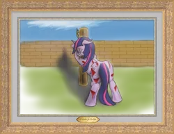 Size: 1795x1384 | Tagged: semi-grimdark, artist:daisyazuras, derpibooru import, twilight sparkle, pony, unicorn, fanfic:upheaval:breaking point, g4, abuse, blood, brick wall, eyes closed, female, floppy ears, framed picture, gritted teeth, horn, image, injured, mare, pain, png, teeth, twilybuse, unicorn twilight, whipped