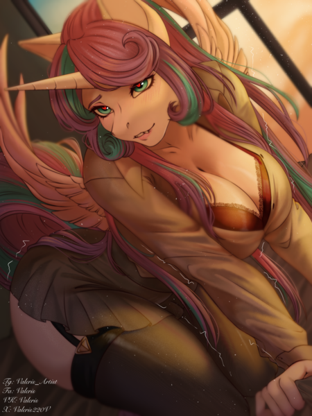 Size: 1662x2217 | Tagged: safe, artist:valeris, derpibooru import, princess flurry heart, alicorn, anthro, g4, big breasts, blush lines, blushing, bra, breasts, busty princess flurry heart, cleavage, clothes, dress, female, garter straps, garters, heart, heart eyes, image, legwear, lip bite, looking at you, older, older flurry heart, png, skirt, smiling, smiling at you, solo, spread wings, stockings, thigh highs, underwear, wingding eyes, wings