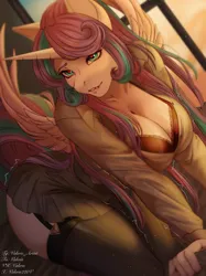 Size: 1662x2217 | Tagged: safe, artist:valeris, derpibooru import, princess flurry heart, alicorn, anthro, g4, big breasts, blush lines, blushing, bra, breasts, busty princess flurry heart, cleavage, clothes, dress, female, garter straps, garters, heart, heart eyes, image, legwear, lip bite, looking at you, older, older flurry heart, png, skirt, smiling, smiling at you, solo, spread wings, stockings, thigh highs, underwear, wingding eyes, wings