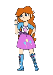 Size: 1002x1422 | Tagged: safe, artist:katlime, derpibooru import, pinkie pie, human, equestria girls, g4, barely eqg related, boots, bracelet, closed mouth, clothes, clothes swap, collar, cosplay, costume, curly hair, cutie mark, cutie mark on clothes, female, image, jacket, jewelry, png, princess daisy, sash, shirt, shoes, simple background, skirt, smiling, solo, super mario, transparent background