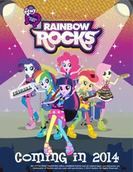 Size: 5397x7000 | Tagged: safe, derpibooru import, official, applejack, fluttershy, pinkie pie, rainbow dash, rarity, sci-twi, sunset shimmer, twilight sparkle, human, equestria girls, g4, .ai available, .svg available, absurd resolution, bass guitar, clothes, cover, drums, electric guitar, female, g4 brand assets, group, guitar, humane five, humane six, image, keytar, logo, mane six, microphone, musical instrument, my little pony equestria girls: rainbow rocks, my little pony logo, poster, rainbow rocks outfit, svg, tambourine, text, the rainbooms, vector