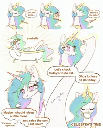 Size: 2500x3100 | Tagged: safe, artist:avrameow, derpibooru import, princess celestia, alicorn, pony, g4, bathtub, cake, cakelestia, cup, drink, drinking, ear fluff, eating, eye clipping through hair, eyebrows, eyebrows visible through hair, female, food, image, implied princess luna, jewelry, jpeg, magic, mare, peytral, regalia, scroll, smiling, solo, sunbathing, sunglasses, tea, teacup, telekinesis, thought bubble