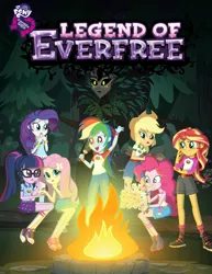 Size: 2550x3300 | Tagged: safe, derpibooru import, official, applejack, fluttershy, gaea everfree, pinkie pie, rainbow dash, rarity, sci-twi, sunset shimmer, twilight sparkle, human, equestria girls, g4, .psd available, book cover, boots, camp everfree outfits, campfire, clothes, converse, cover, cover art, cowboy hat, denim, denim skirt, equestria girls logo, everfree forest, female, fire, firewood, flashlight (object), food, frown, g4 brand assets, g4 logo, hat, humane five, humane seven, humane six, image, jeans, marshmallow, my little pony equestria girls: legend of everfree, my little pony logo, pants, png, poster, real gaea everfree, scared, shading, shoes, shorts, skirt, smiling, sneakers, socks