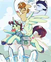 Size: 2060x2484 | Tagged: safe, artist:pledus, derpibooru import, donut joe, soarin', oc, alicorn, pegasus, pony, unicorn, g4, alicorn oc, bag, clothes, dialogue, donut, eating, fence, flying, food, fusion, fusion:donut joe, fusion:soarin', horn, image, jpeg, male, mouth hold, outdoors, saddle bag, shirt, speech bubble, spread wings, stallion, sweat, t-shirt, thought bubble, trio, unshorn fetlocks, wings