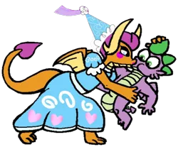 Size: 1600x1322 | Tagged: safe, artist:cuminbread, derpibooru import, smolder, spike, dragon, g4, background removed, blushing, clothes, dragoness, dress, duo, duo male and female, female, froufrou glittery lacy outfit, funny, gradient background, hat, hennin, image, intersex, kiss on the lips, kissing, male, png, princess smolder, puffy sleeves, ship:spolder, shipping, simple background, smolder also dresses in style, straight, surprise kiss, transparent background, winged spike, wings