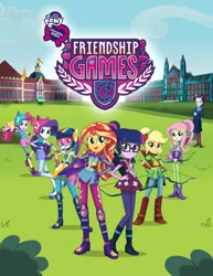 Size: 2550x3300 | Tagged: safe, derpibooru import, official, applejack, fluttershy, pinkie pie, principal abacus cinch, rainbow dash, rarity, sci-twi, sunset shimmer, twilight sparkle, human, equestria girls, g4, .psd available, alternate hairstyle, archery, archery clothes, arrow, boots, bow (weapon), bow and arrow, canterlot high, clothes, crystal prep, crystal prep academy, crystal prep shadowbolts, eyeshadow, female, fingerless gloves, freckles, friendship games archery outfit, friendship games motocross outfit, friendship games outfit, friendship games speedskating outfit, g4 brand assets, glasses, gloves, grin, helmet, humane five, humane seven, humane six, image, leggings, legwear, logo, looking at you, makeup, motocross, motocross outfit, motorcycle outfit, movie poster, my little pony equestria girls: friendship games, my little pony logo, pads, pants, png, ponytail, quiver, raised leg, rariskate, roller skates, school spirit, shading, shirt, shoes, shorts, skates, skating, sleeveless, sleeveless shirt, smiling, speed skating, speedskating, speedskating outfit, sports, sporty style, teenager, tri-cross relay outfit, vector, weapon, wondercolts