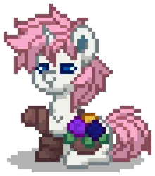 Size: 704x800 | Tagged: safe, derpibooru import, oc, oc:foxglove, unofficial characters only, pony, unicorn, pony town, g4, bag, blue eyes, clothes, colored pinnae, digital art, flower, gloves, horn, image, magical lesbian spawn, male, offspring, parent:fluttershy, parent:rarity, parents:flarity, pink hair, pink mane, pink tail, pixel art, png, raised hoof, saddle bag, simple background, sitting, solo, stallion, tail, transparent background, unicorn oc, white coat