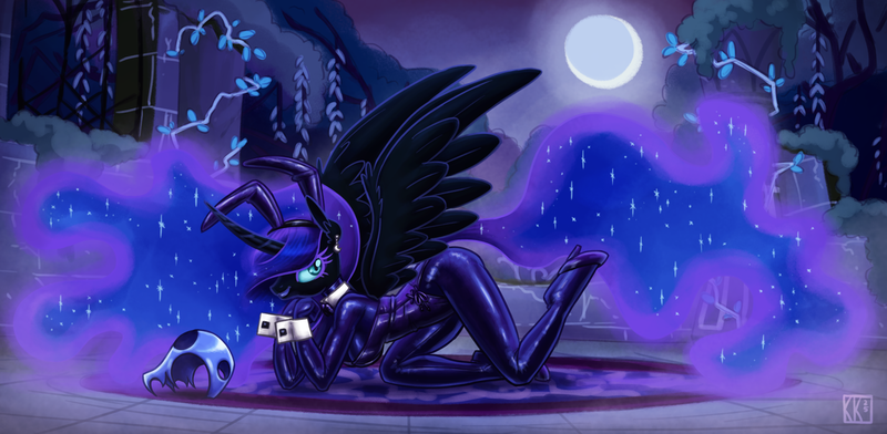 Size: 3655x1790 | Tagged: suggestive, artist:king-kakapo, derpibooru import, part of a set, nightmare moon, alicorn, anthro, unguligrade anthro, g4, all fours, bowtie, bunny suit, castle of the royal pony sisters, clothes, corset, cuffs (clothes), gloves, helmet, high heels, image, latex, latex boots, latex gloves, latex suit, moon, night, old castle ruins, part of a series, png, shoes, spread wings, whip, wings