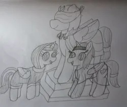 Size: 851x720 | Tagged: safe, artist:lunashy21, derpibooru import, princess flurry heart, somnambula, oc, oc:nyx, pony oc, alicorn, pony, daring done?, g4, season 7, alicorn oc, clothes, eqyptian attire, female, female focus, female oc, females only, filly, filly oc, foal, folded wings, hairband, headband, horn, image, jewelry, jpeg, looking at each other, looking at someone, monochrome, my little pony, onesie, requested art, requester:railpony, ring, see-through, solo focus, somnambula's blindfold, southern equestria, statue, tail, tail ring, traditional art, trio, trio female, wings