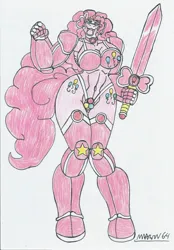 Size: 1624x2338 | Tagged: suggestive, artist:marlon64, derpibooru import, pinkie pie, anthro, earth pony, unguligrade anthro, g4, abs, armor, belly, belly button, big breasts, big hair, big tail, boots, breasts, busty pinkie pie, choker, cleavage, clothes, female, image, jewelry, jpeg, knees pressed together, looking at you, muscles, muscular female, open mouth, panties, pauldron, pink hair, pink tail, raised eyebrows, shoes, simple background, small head, smiling, smiling at you, solo, tail, thigh boots, thong, traditional art, unconvincing armor, underwear