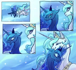 Size: 2732x2509 | Tagged: safe, alternate version, artist:jugenxiannu196, derpibooru import, princess celestia, princess luna, alicorn, pony, a royal problem, g4, comic, crown, cuddling, dream, dream walker luna, duo, duo female, female, hidden eyes, image, jewelry, looking at each other, looking at someone, mare, my little pony, peytral, png, realistic anatomy, regalia, royal sisters, sibling love, siblings, sisterly love, sisters, smiling