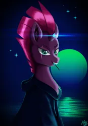 Size: 1920x2760 | Tagged: safe, artist:jphyperx, derpibooru import, tempest shadow, pony, unicorn, g4, broken horn, candy, clothes, food, hoodie, horn, image, jpeg, lollipop, looking at you, retrowave, scar, solo, synthwave