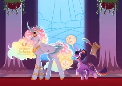 Size: 2048x1441 | Tagged: safe, artist:noirbunnydeluxe, derpibooru import, princess celestia, twilight sparkle, pony, g4, alternate design, curved horn, horn, image, jpeg, magic, quadrupedal, quill, scroll