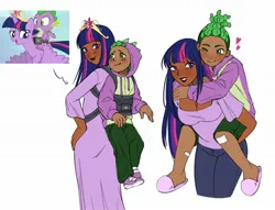 Size: 1870x1432 | Tagged: safe, artist:anemonaii, derpibooru import, spike, twilight sparkle, twilight sparkle (alicorn), alicorn, dragon, human, pony, g4, baby carrier, bandaid, big crown thingy, blushing, breasts, cleavage, clothes, dragons riding ponies, element of magic, eyebrows, eyebrows visible through hair, female, floating heart, heart, hoodie, human coloration, humanized, humans riding humans, image, jewelry, jpeg, male, moderate dark skin, one eye closed, piggyback ride, regalia, riding, riding a pony, simple background, slippers, smiling, white background