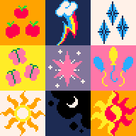 Size: 192x192 | Tagged: safe, artist:quanthon, derpibooru import, applejack, fluttershy, pinkie pie, princess celestia, princess luna, rainbow dash, rarity, sunset shimmer, twilight sparkle, g4, applejack's cutie mark, cutie mark, digital art, fluttershy's cutie mark, image, pinkie pie's cutie mark, pixel art, png, princess celestia's cutie mark, princess luna's cutie mark, rainbow dash's cutie mark, rarity's cutie mark, sunset shimmer's cutie mark, twilight sparkle's cutie mark
