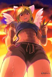 Size: 1250x1828 | Tagged: safe, artist:neyimara, derpibooru import, rainbow dash, human, g4, abs, breasts, clothes, eared humanization, female, human coloration, humanized, image, jpeg, looking at you, looking down, looking down at you, low angle, midriff, open mouth, open smile, outdoors, short shirt, shorts, small breasts, smiling, smiling at you, solo, sunset, sweat, toned, toned female, winged humanization, wings